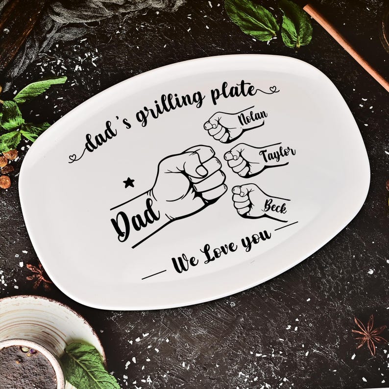 Personalized Grilling Platter,Fist Bump Dad and Kids Name Grilling Plate,Custom BBQ Grilling Plate Gift for Him,Birthday Gifts from Daughter