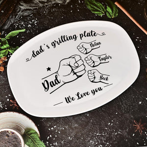 Personalized Grilling Platter,Fist Bump Dad and Kids Name Grilling Plate,Custom BBQ Grilling Plate Gift for Him,Birthday Gifts from Daughter