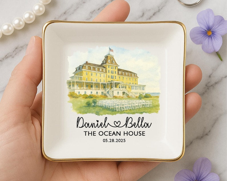Custom Venue Jewelry Dish, Personalized Wedding Location Watercolor Ring Tray, Gift For Couple, 1st Wedding Anniversary Present,Engaged Gift