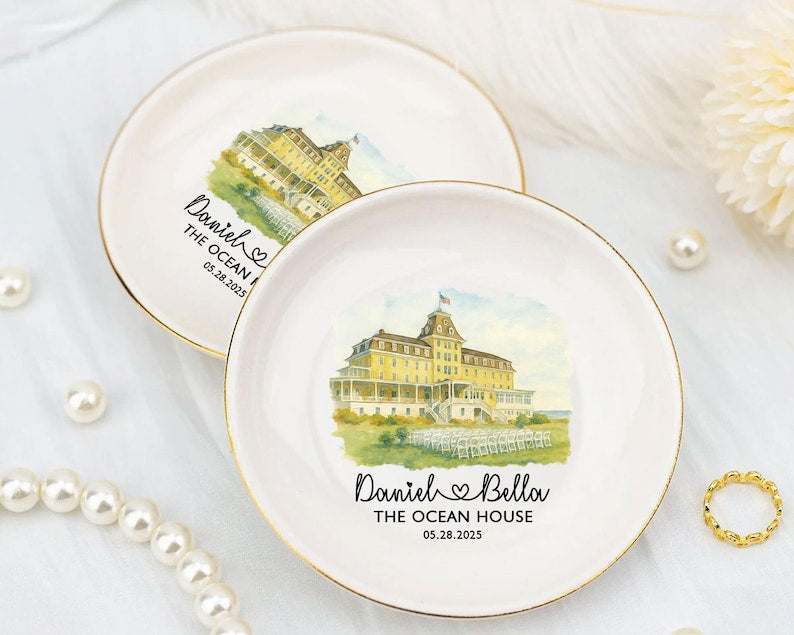 Custom Venue Jewelry Dish, Personalized Wedding Location Watercolor Ring Tray, Gift For Couple, 1st Wedding Anniversary Present,Engaged Gift