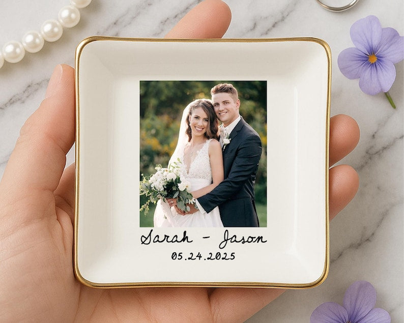 Custom Photo Jewelry Dish, Personalized Engagement Gift, Wedding Ring Tray with Picture & Names, Anniversary Keepsake, Gift For Couple