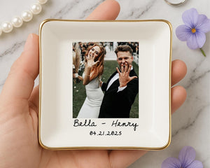 Custom Photo Jewelry Dish, Personalized Engagement Gift, Wedding Ring Tray with Picture & Names, Anniversary Keepsake, Gift For Couple