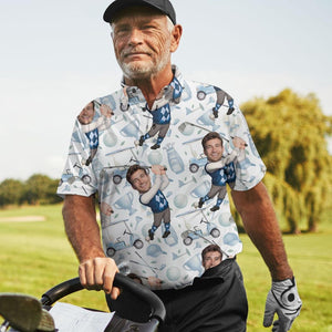 Custom With Your Face Golf Pattern Polo Shirts For Men Golf Polos Personalized Mens Shirts Button Up Shirt Gift For Him, Fathers Day Gift