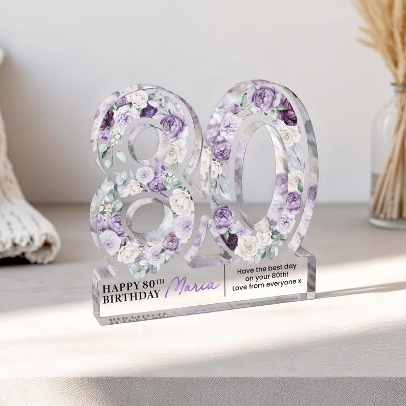 Personalised 80th Birthday Gift Plaque, Happy 80th Birthday Gift For Her, 80th Birthday Gifts, Floral 80th Gift, Gift for Mum Nan