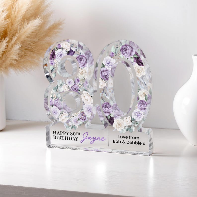 Personalised 80th Birthday Gift Plaque, Happy 80th Birthday Gift For Her, 80th Birthday Gifts, Floral 80th Gift, Gift for Mum Nan