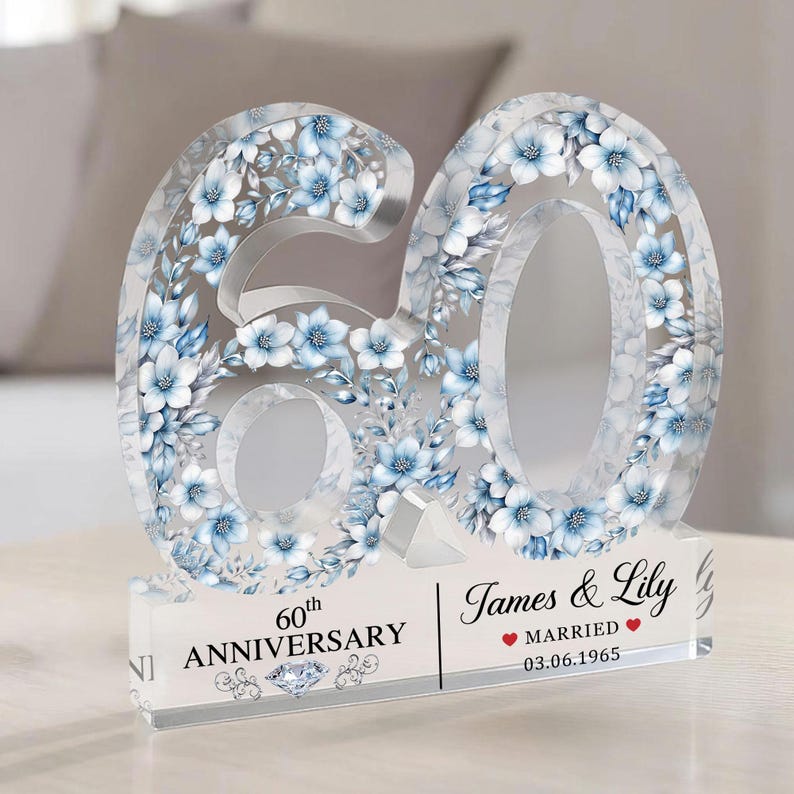Personalized 60th Wedding Anniversary Acrylic Block, Custom Diamond Anniversary Gifts, 60 Years Anniversary Gifts For Parents, Grandparents