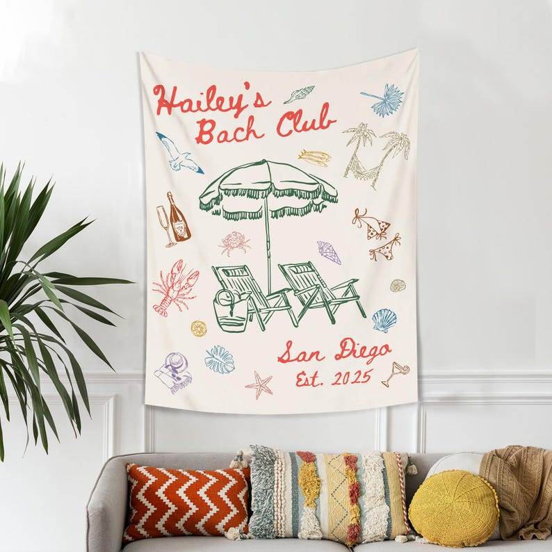 Custom Bachelorette Party Tapestry, Beach Bachelorette Photo Backdrop, Bachelorette Banner, Coastal Bachelorette Party Decor, The Bach Club