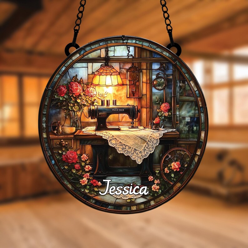 Sewing Machine Acrylic Suncatcher Faux Stained Acrylic Window Hanging Tailor Shop Decor Gift For Sewing Enthusiasts And Craft Room