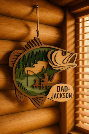Custom Wooden Fishing Ornament Father & Child Lake Scene in Fish Shape Personalized Gift for Dad, Cabin or Fisherman Decor