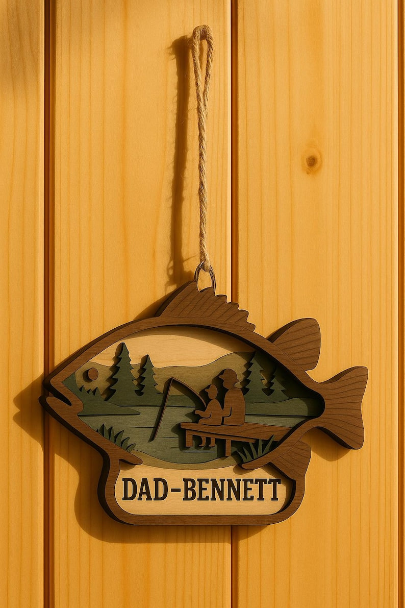 Custom Wooden Fishing Ornament Father & Child Lake Scene in Fish Shape Personalized Gift for Dad, Cabin or Fisherman Decor