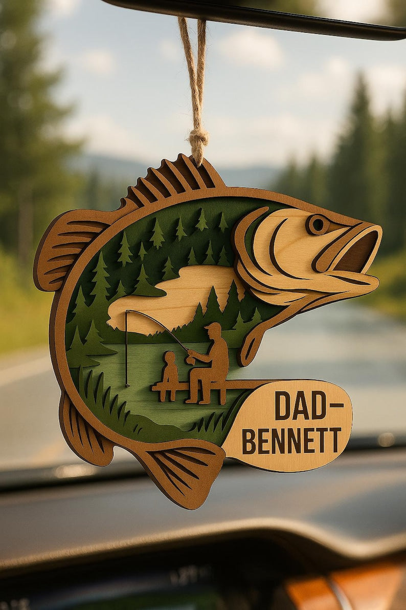 Custom Wooden Fishing Ornament Father & Child Lake Scene in Fish Shape Personalized Gift for Dad, Cabin or Fisherman Decor