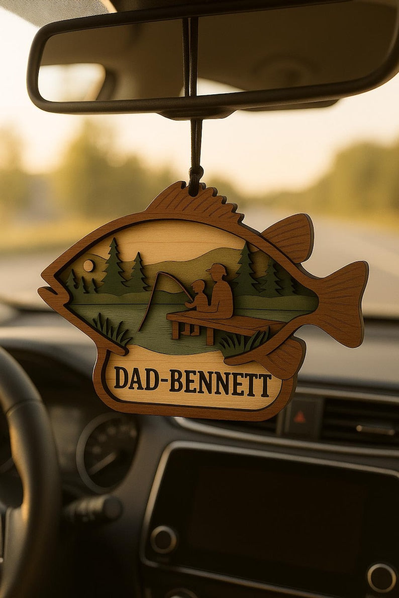 Custom Wooden Fishing Ornament Father & Child Lake Scene in Fish Shape Personalized Gift for Dad, Cabin or Fisherman Decor