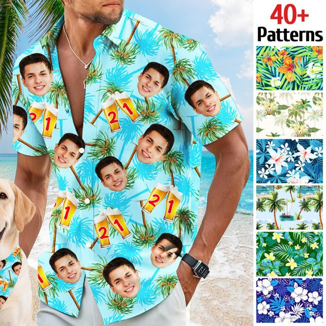 Custom Name Age Beer Birthday Shirt: Funny Face Hawaiian Shirt, 21st/30th/40th Birth Gift