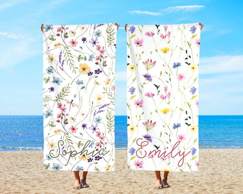 Personalized Name Beach Towels, Wildflower Beach Towel, Custom Pool Party Towel, Wedding Bridesmaid Gift, Floral Towel, Gift for Tween