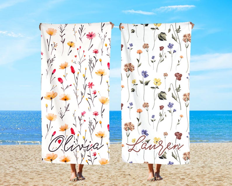 Personalized Name Beach Towels, Wildflower Beach Towel, Custom Pool Party Towel, Wedding Bridesmaid Gift, Floral Towel, Gift for Tween
