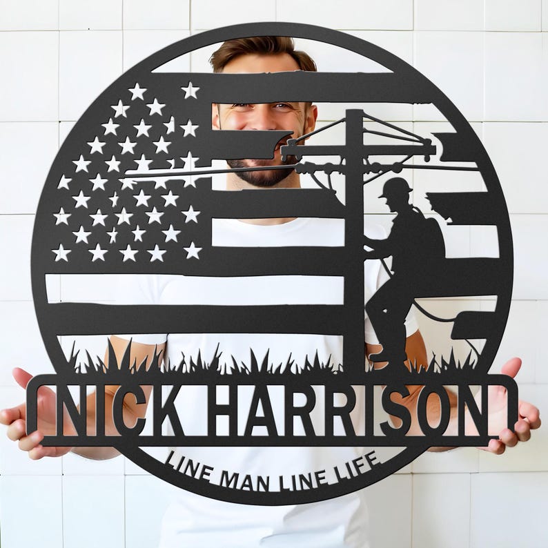 Custom Lineman Metal Sign Personalized American Flag Utility Pole Decor Line Man Line Life Gift Garage or Shop Wall Art