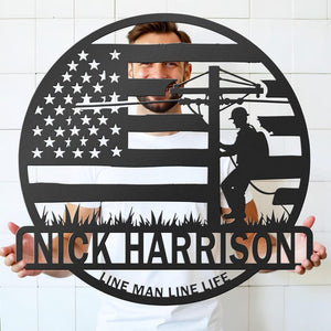 Custom Lineman Metal Sign Personalized American Flag Utility Pole Decor Line Man Line Life Gift Garage or Shop Wall Art