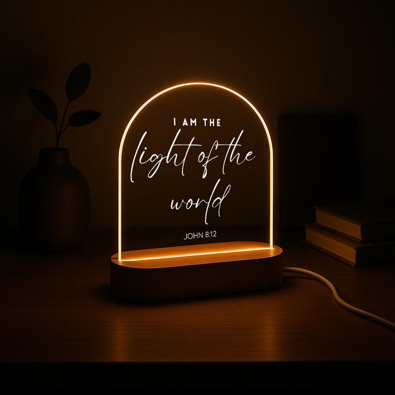 Custom Bible Verse Night Light Personalized Christian LED Lamp Religious Gift for Her, Faith Decor, Scripture Light with Wooden Base