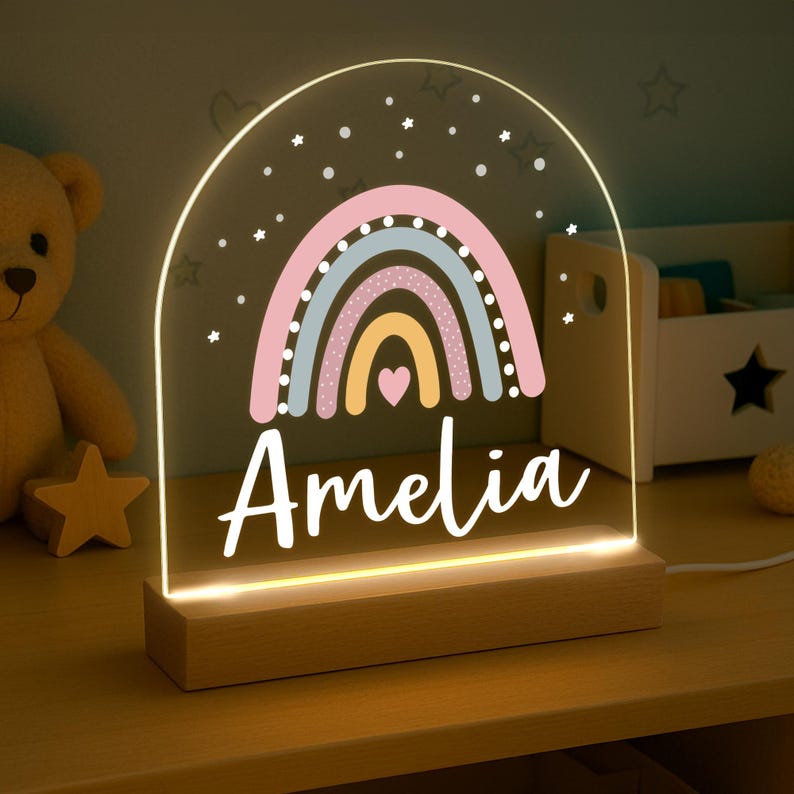 Personalised LED Nursery Lamp, Kids Night Light Gift, Rainbow Light, Baby Girl Light, Birthday Gifts for Kids, Kids Bedroom Nursery Light