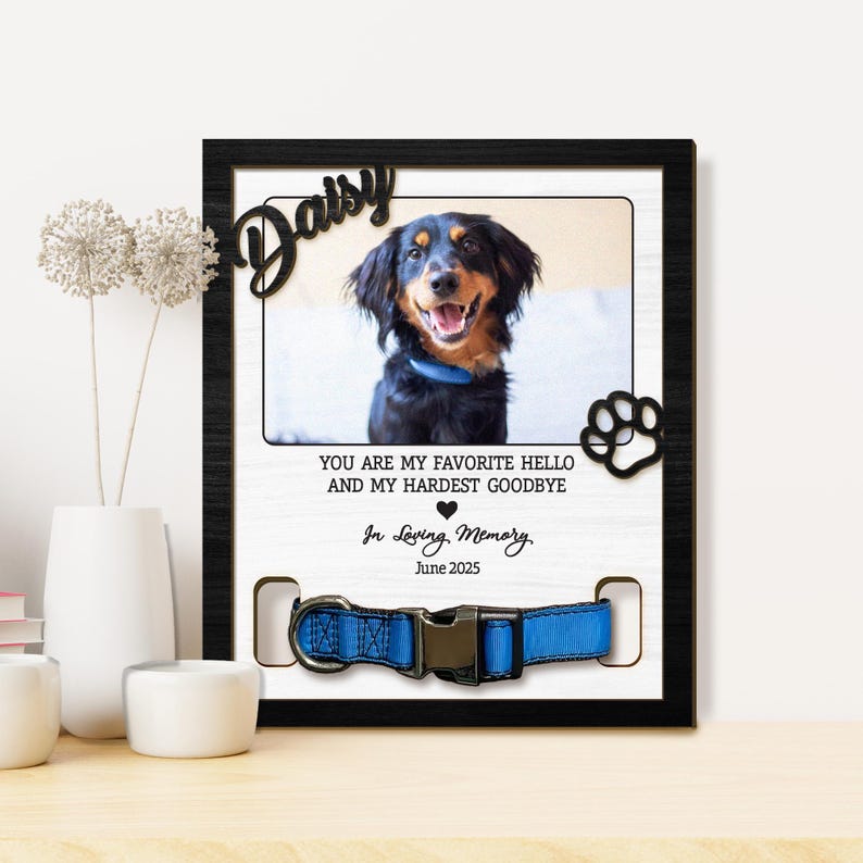Personalized Pet Memorial Wood Frame With Collar Holder, Custom Dog Loss Gift, Wooden Pet Sympathy Sign, Cat Dog Memorial Gift, Pet Keepsake