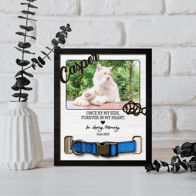 Personalized Cat Memorial Wood Frame With Collar Holder, Custom Dog Loss Gift, Wooden Pet Sympathy Sign, Cat Dog Memorial Gift, Pet Keepsake