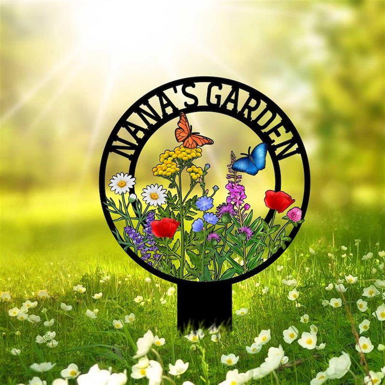 Personalized Garden Metal Sign With Stake, Custom Garden Name Sign, Garden Flower Sign, Metal Yard Art, Housewarming Gift, Mother's Day Gift