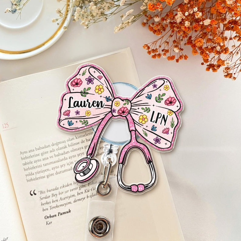 Custom Nurse Badge Reel, Faux Glitter Pink Bow Badge Reel, RN Badge Reel, Gift For Nurse, Stethoscope Badge Reel, Doctor Gift, Medical Gift