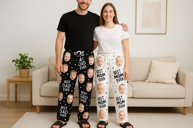 Customized Photo Pajamas for Mom and Dad, Matching Family Pjs, Baby Face Pajamas, Custom Face Pajamas, Gift for Her/him, Couple Face Pajamas