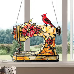 Sewing Machine Acrylic Window Hanging Floral Sun Catcher with Cardinal Bird for Seamstress Gift, Quilter Room, or Craft Decor