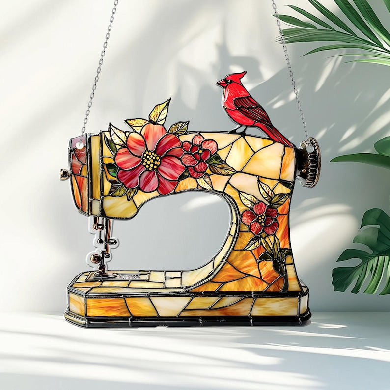 Sewing Machine Acrylic Window Hanging Floral Sun Catcher with Cardinal Bird for Seamstress Gift, Quilter Room, or Craft Decor
