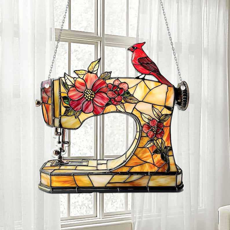 Sewing Machine Acrylic Window Hanging Floral Sun Catcher with Cardinal Bird for Seamstress Gift, Quilter Room, or Craft Decor