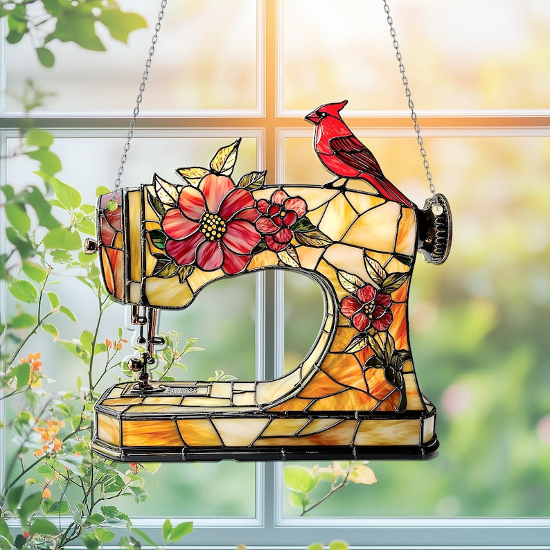Sewing Machine Acrylic Window Hanging Floral Sun Catcher with Cardinal Bird for Seamstress Gift, Quilter Room, or Craft Decor