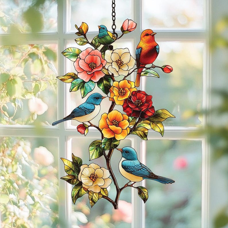 Summer Birds on Tree Branch Faux Acrylic Suncatcher, Acrylic Window Hanging with Colorful Bird and Bloom, Nature Decor for Bird Lovers