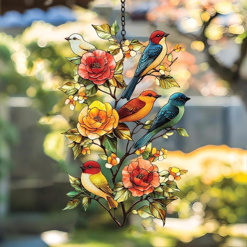 colorful bird hanging planter Summer Birds on Tree Branch Faux Acrylic Suncatcher, Acrylic Window Hanging  with Colorful Bird and Bloom, Nature Decor for Bird Lovers
