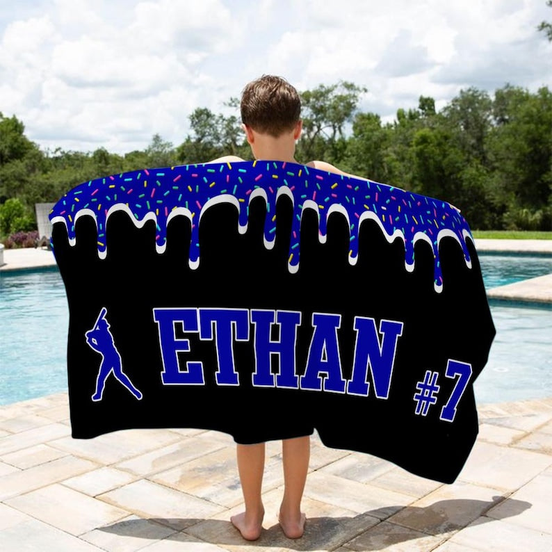 Personalized Ice Cream Drip Baseball Beach Towel For Boys, Drip Beach Towel, Pool Towel, Baseball Softball Team Gift, Youth Baseball Gift