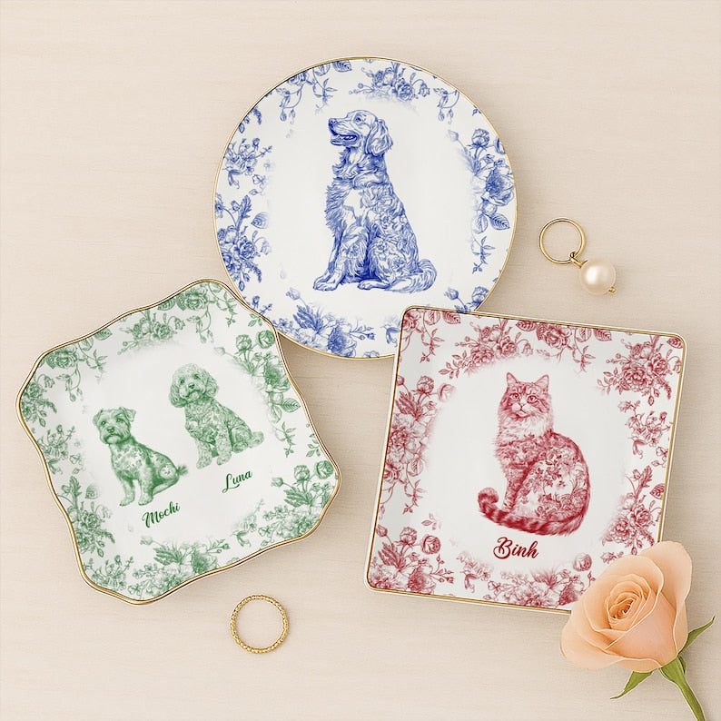 Custom Dog Cat Breed Jewelry Dish, Toile De Jouy Pet Ring Dish, Personalized Dog Cat Mom Gift, Pet Lover Trinket Dish, Pet Gift