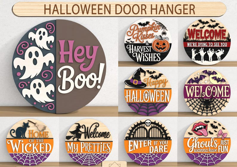 Halloween Door Hanger Bundle, Halloween Welcome Sign, Laser Cut , Gl, Door Decor Round Wood Sign