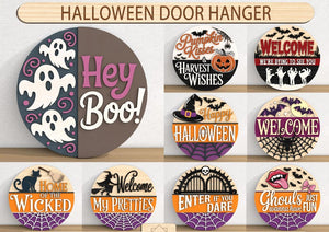 Halloween Door Hanger Bundle, Halloween Welcome Sign, Laser Cut , Gl, Door Decor Round Wood Sign