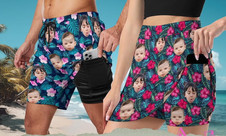 Custom Photo Beach Shorts, Custom Hawaiian Swim Trunk with Face, Funny Father's Day Gift, Women's Sport Shorts, Party/Vacation Gift For Him
