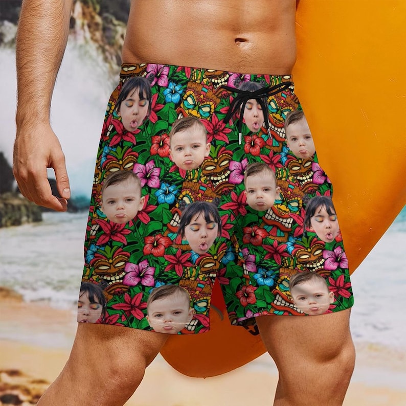 Custom Photo Beach Shorts, Custom Hawaiian Swim Trunk with Face, Funny Father's Day Gift, Women's Sport Shorts, Party/Vacation Gift For Him