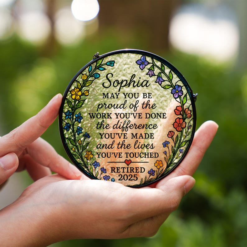 Personalized Retirement Suncatcher Gift for Women, Custom Glass Plaque for Teacher Nurse Coworker, Retired 2025 Keepsake Decor