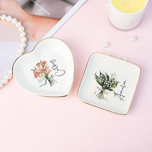Personalised Birth Flower Trinket Dish,Custom Name Ring Dish,Wedding Bridesmaid Gift,Birthday Jewelry Dish for Her,Christmas Gifts for Mom