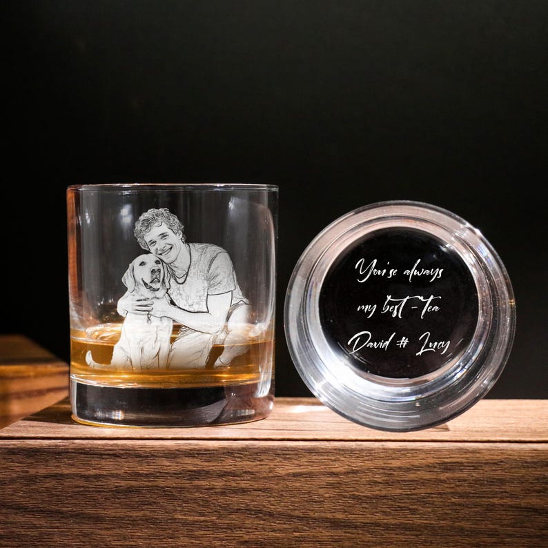 Personalized Photo on Whiskey Glass, Custom Pet Portrait Engraved on Whiskey Glass, Engrave Your Handwritten Gift Message with Dog Cat Photo on Glass