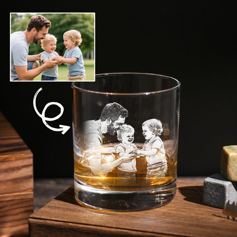 Custom Photo Whiskey Glass, Etched Whiskey Glasses from Photo, Personalized Unique Barware Gifts for Him, best gifts for dad, New Dad Gifts