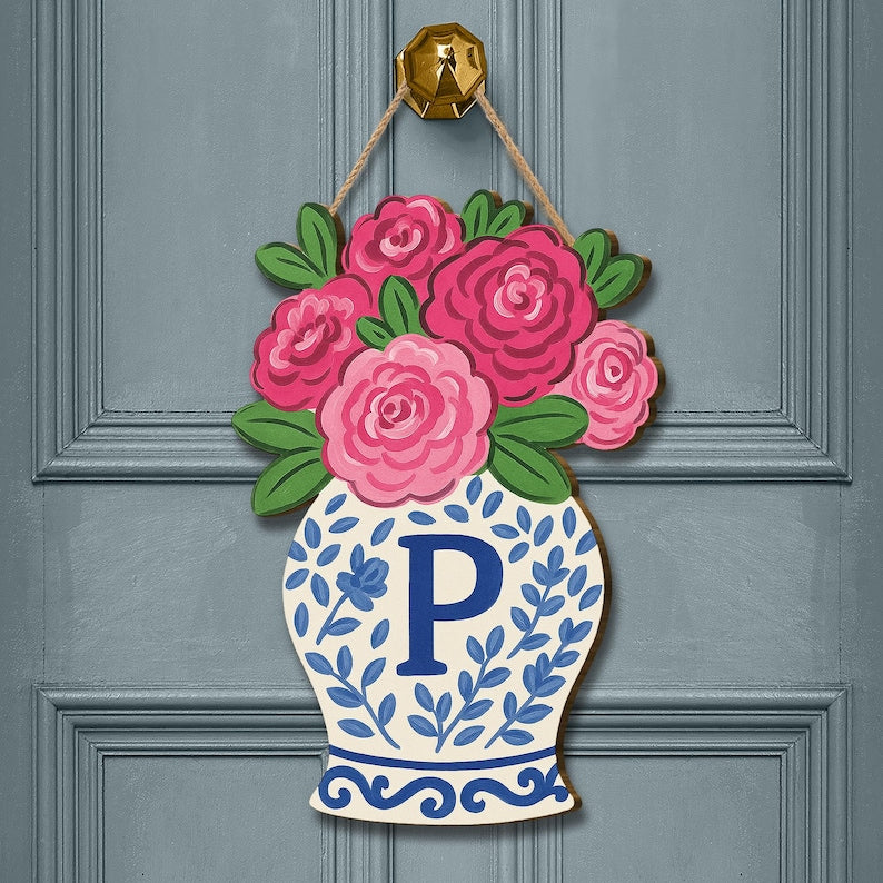 Personalized Chinoiserie Vase Door Hanger, Monogram Initial Sign, Pink Floral Wreath for Front Door, Grandmillennial Summer Decor