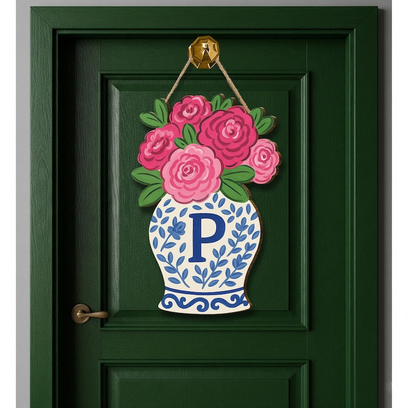 Personalized Chinoiserie Vase Door Hanger, Monogram Initial Sign, Pink Floral Wreath for Front Door, Grandmillennial Summer Decor
