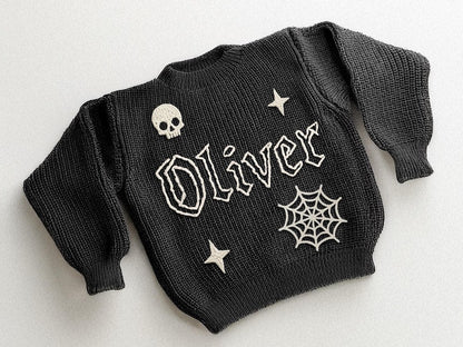 Personalized Baby Goth Sweater: Hand-Embroidered Gothic Jumper Custom Halloween Keepsake | Baby Toddler Sweater | Halloween Gift For Baby