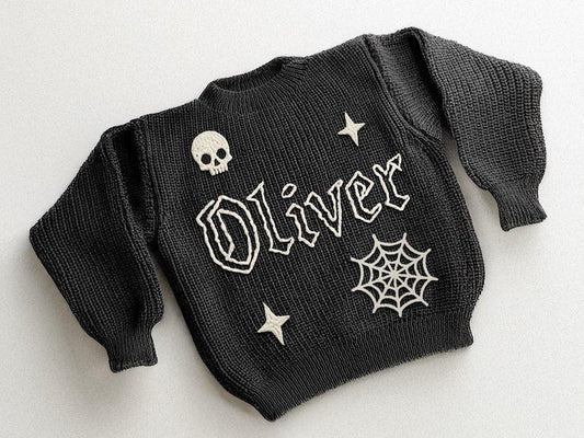 Personalized Baby Goth Sweater: Hand-Embroidered Gothic Jumper Custom Halloween Keepsake | Baby Toddler Sweater | Halloween Gift For Baby