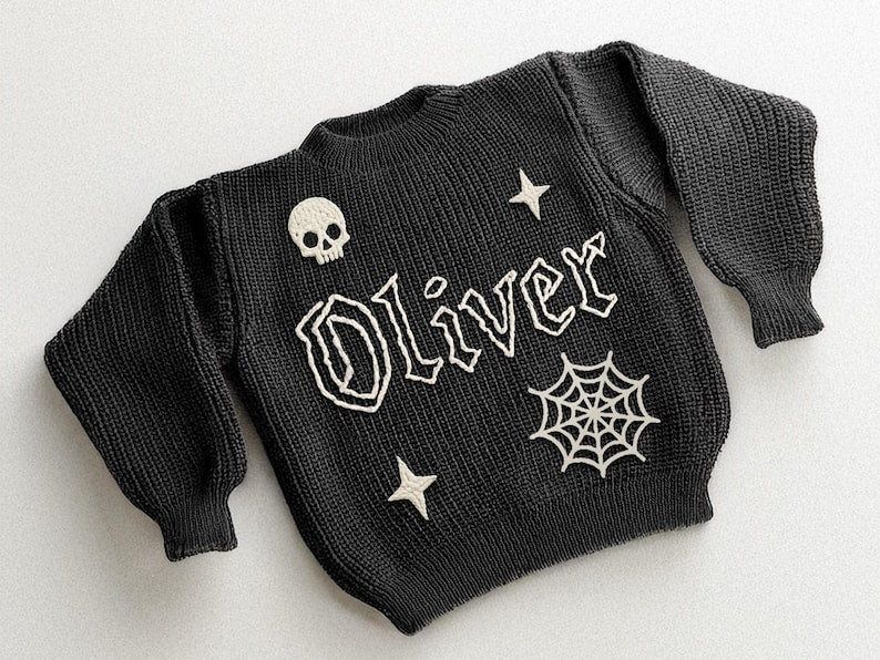Personalized Baby Goth Sweater: Hand-Embroidered Gothic Jumper Custom Halloween Keepsake | Baby Toddler Sweater | Halloween Gift For Baby