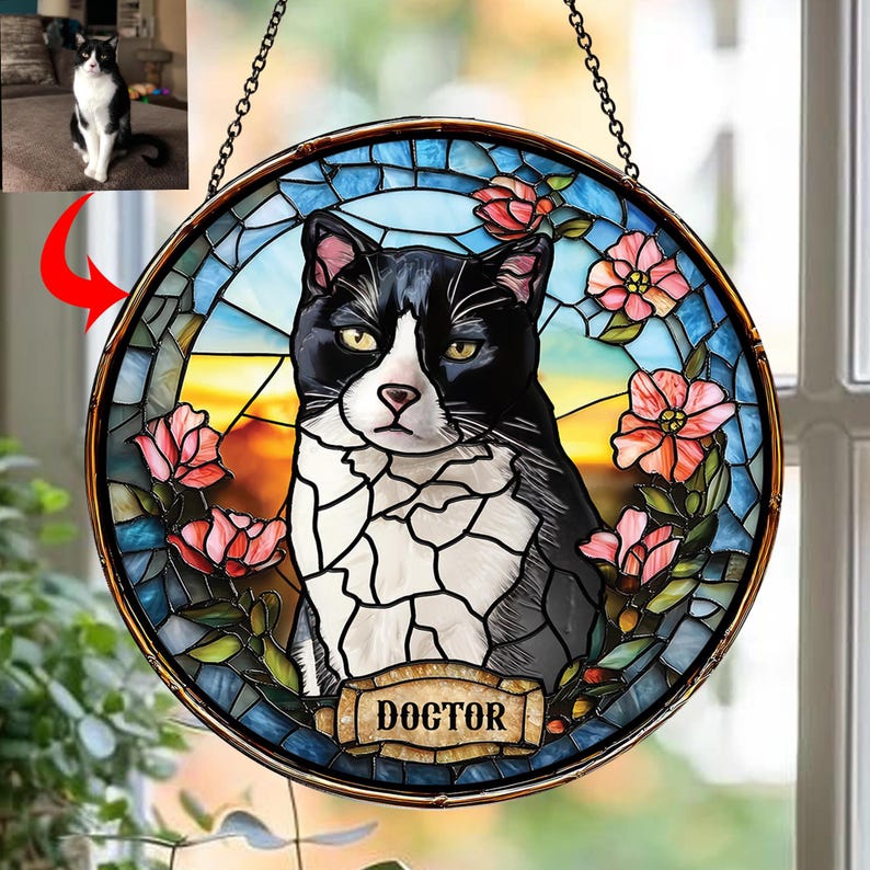 Custom Pet Portrait Stained Glass Suncatcher, Stained Glass Dog Memorial, Custom Dog Portrait from Photo, Pet Memorial Gift, Window hangings